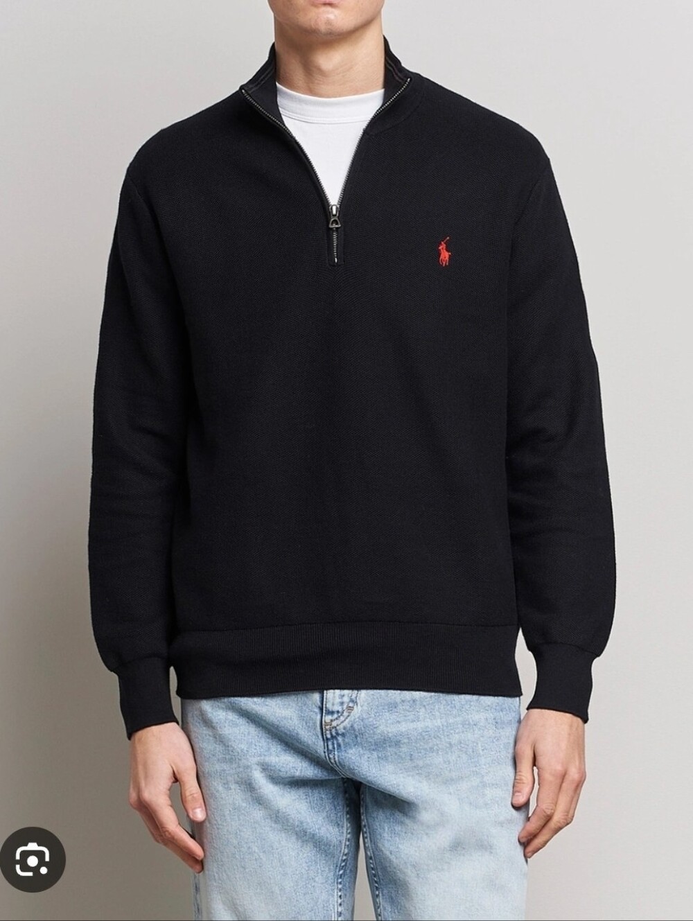 Polo by Ralph Lauren Black Half-Zip Pima Cotton Sweater with Red Embroidery